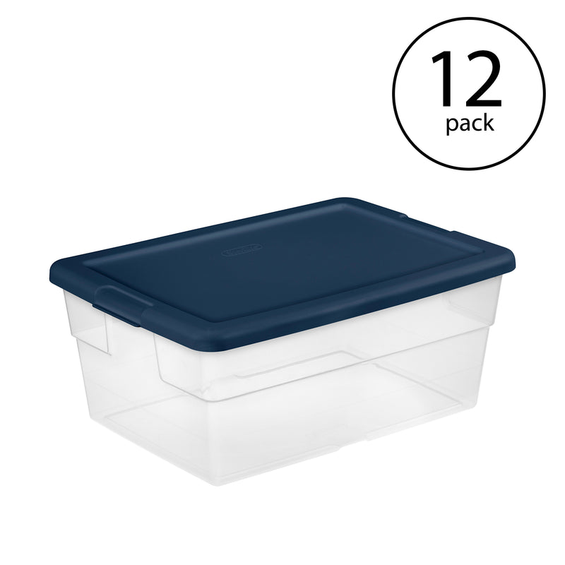 Sterilite Stackable 16 Qt Storage Box Container, Clear with Blue Lid, (12 Pack)