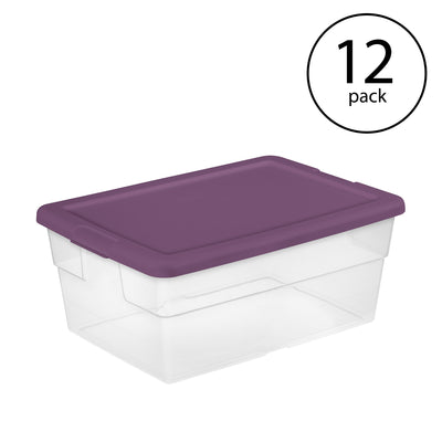 Sterilite Stackable 16 Qt Storage Container, Clear with Purple Lid, (12 Pack)