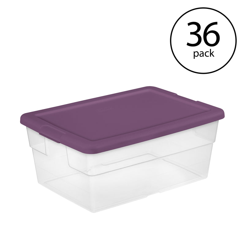 Sterilite Stackable 16 Qt Storage Container, Clear with Purple Lid, (36 Pack)