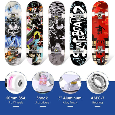 Hikole Complete Pro Canadian Maple Wood 31 Inch Double Kick Skateboard, Letter