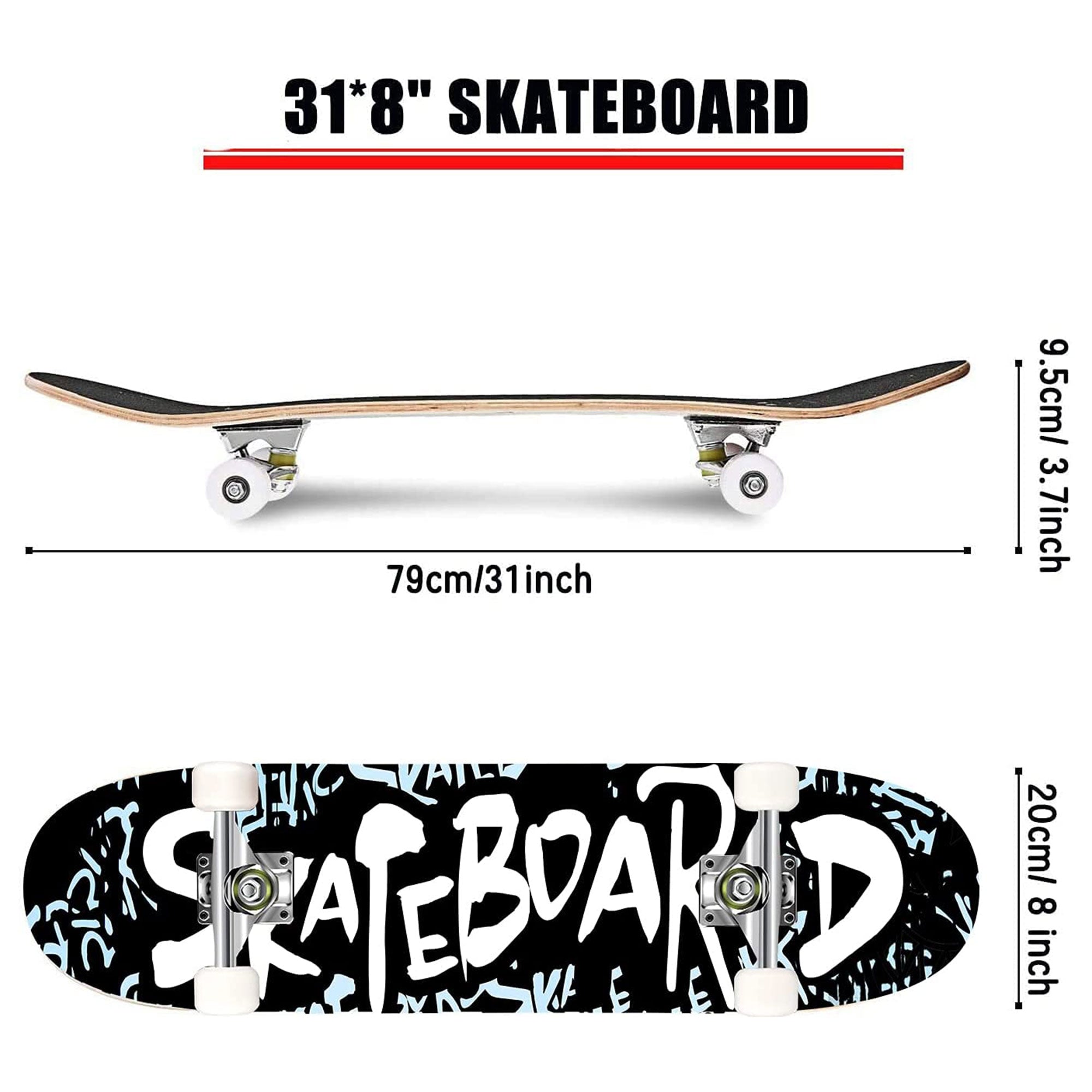 Hikole Complete Pro Canadian Maple Wood 31 Inch Double Kick Skateboard, Letter