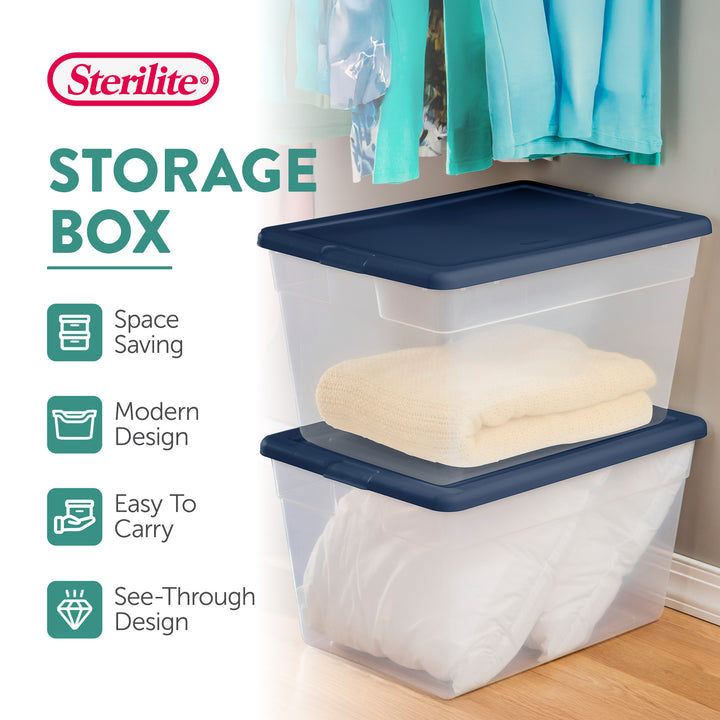 Sterilite Stackable 56 Quart Storage Tote, Clear with Marine Blue Lid, 8 Pack