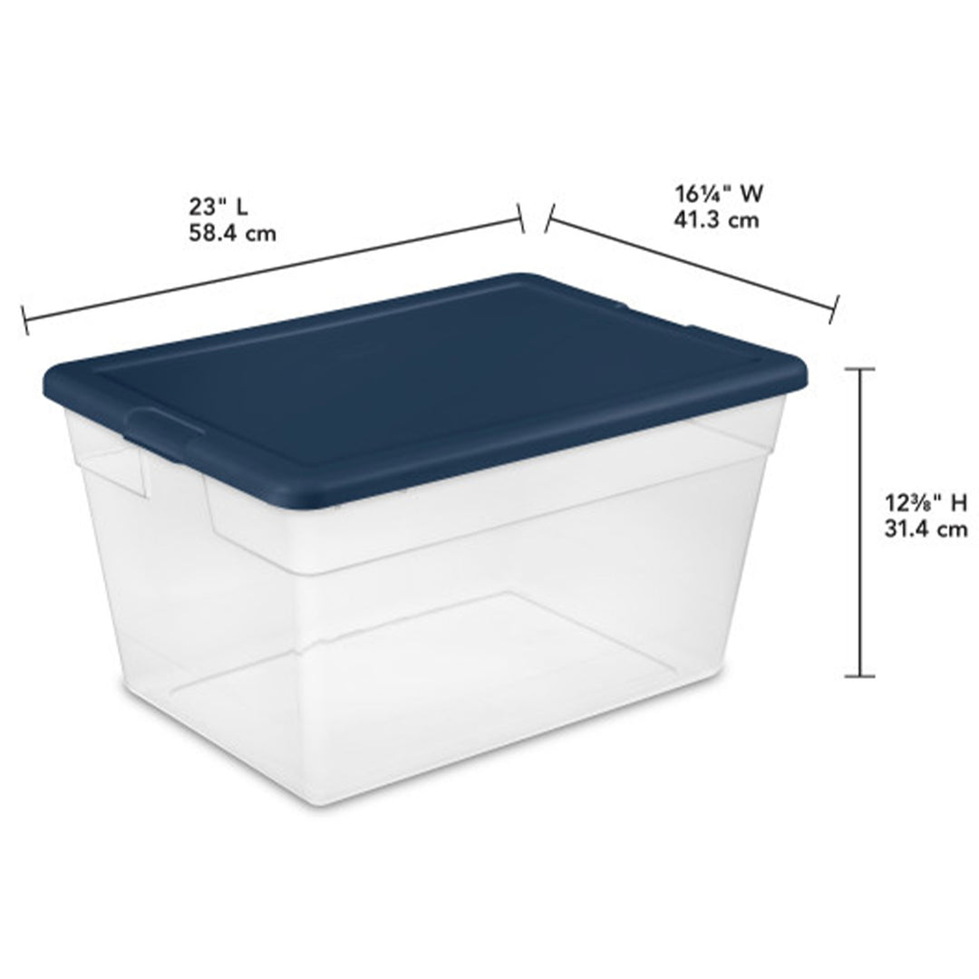 Sterilite Stackable 56 Quart Storage Tote, Clear with Marine Blue Lid (24 Pack) - VMInnovations