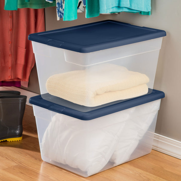 Sterilite Stackable 56 Quart Storage Tote, Clear with Marine Blue Lid (24 Pack) - VMInnovations