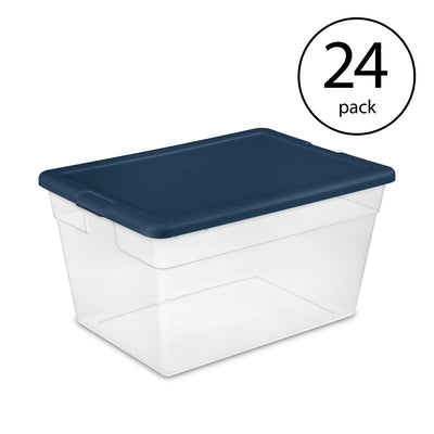 Sterilite Stackable 56 Quart Storage Tote, Clear with Marine Blue Lid (24 Pack)