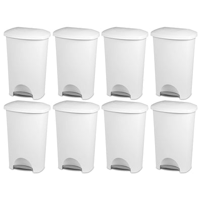 Sterilite 11 Gallon Hands Free StepOn Lid Lifting Wastebasket, White (8 Pack)