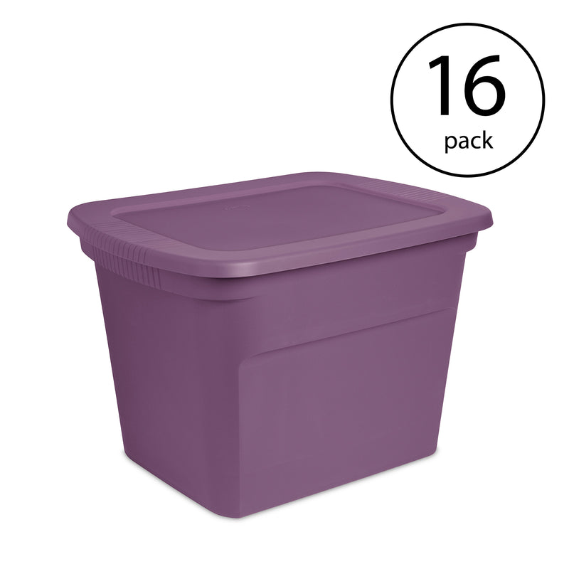 Sterilite Lidded Stackable 18 Gallon Storage Tote Container, Purple, 16 Pack