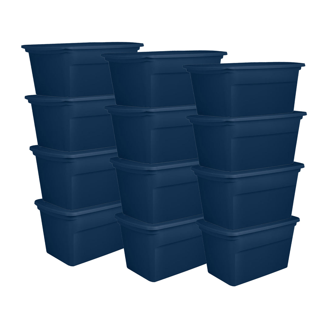 Sterilite Classic Lidded Stackable 30 Gal Storage Tote Container, Blue, 12 Pack