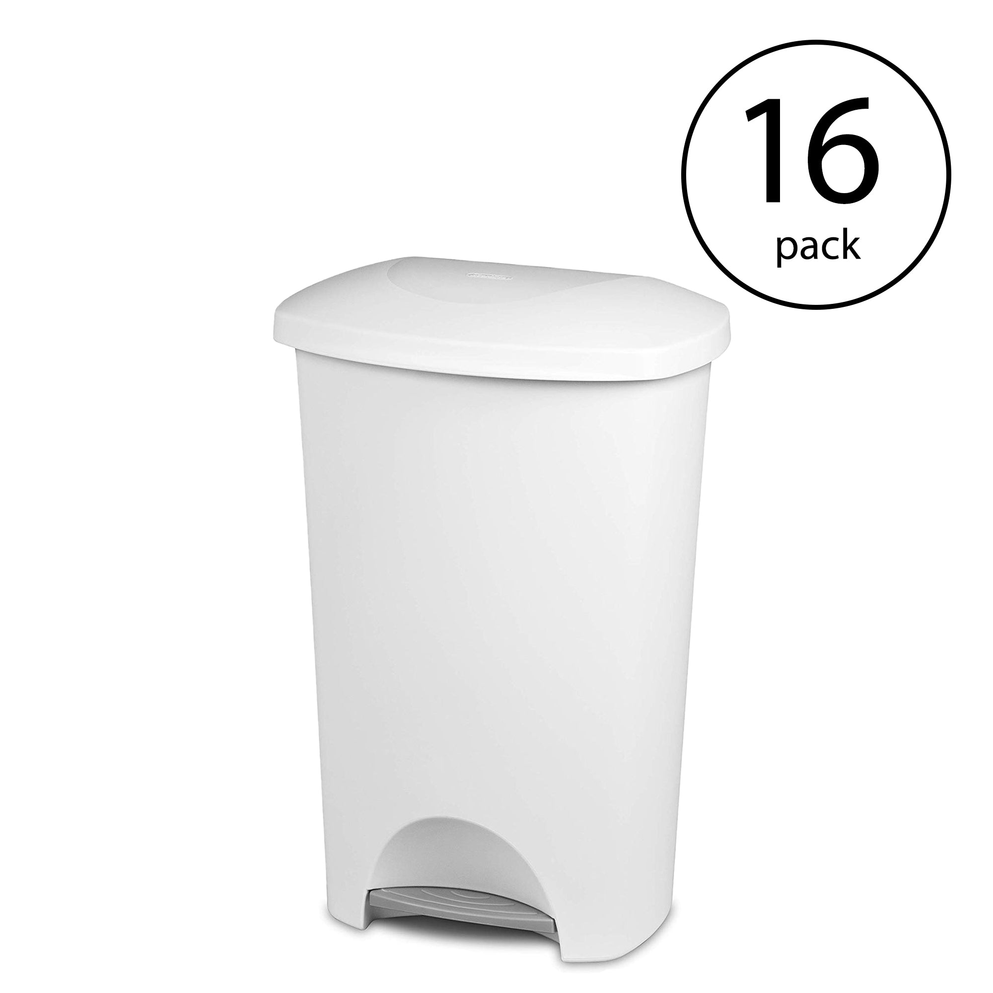Sterilite 11 Gallon Hands Free StepOn Lid Lifting Wastebasket, White (16 Pack)