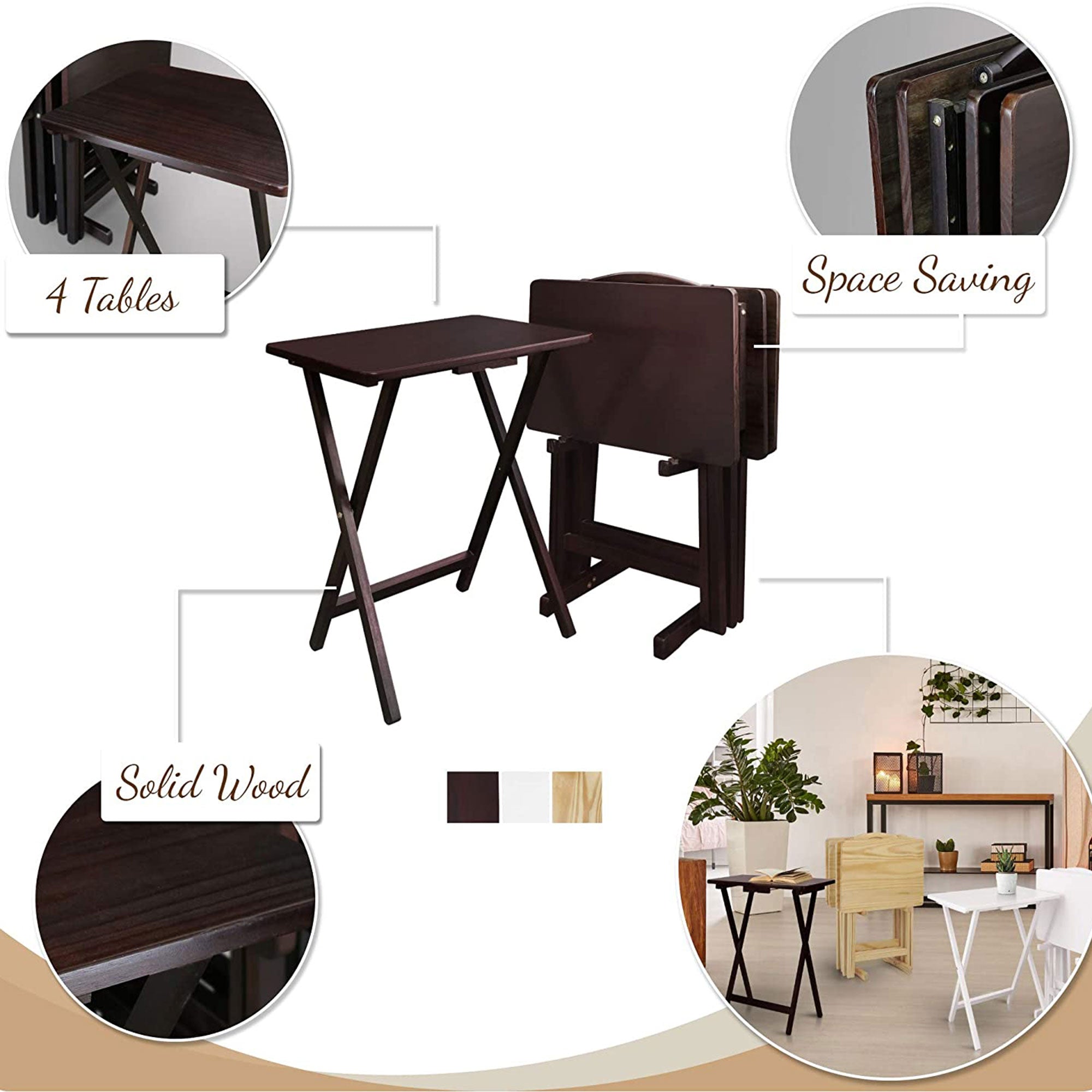 Casual Home Solid Wood Folding Tray Table with Storage Stand, 4 Piece Set (Used) - VMInnovations