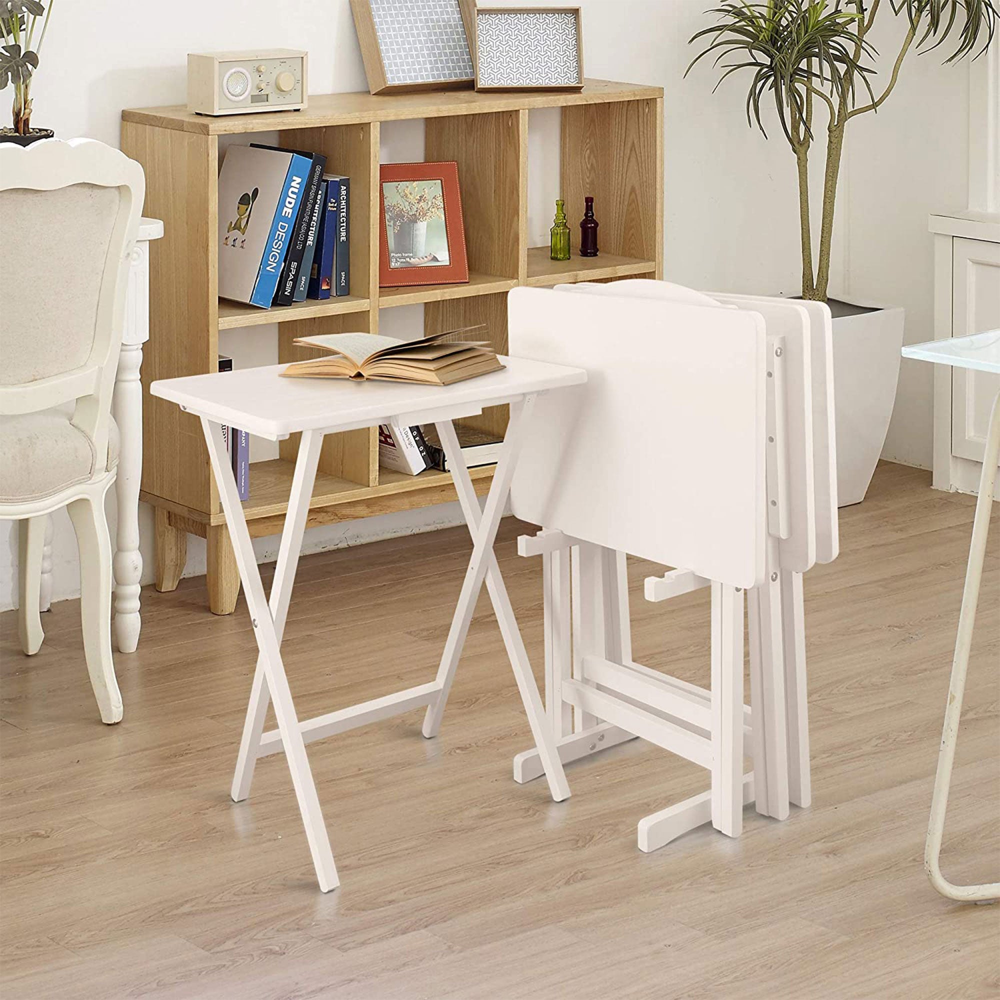 Casual Home Solid Wood Folding Tray Table with Storage Stand, 4 Piece Set (Used) - VMInnovations