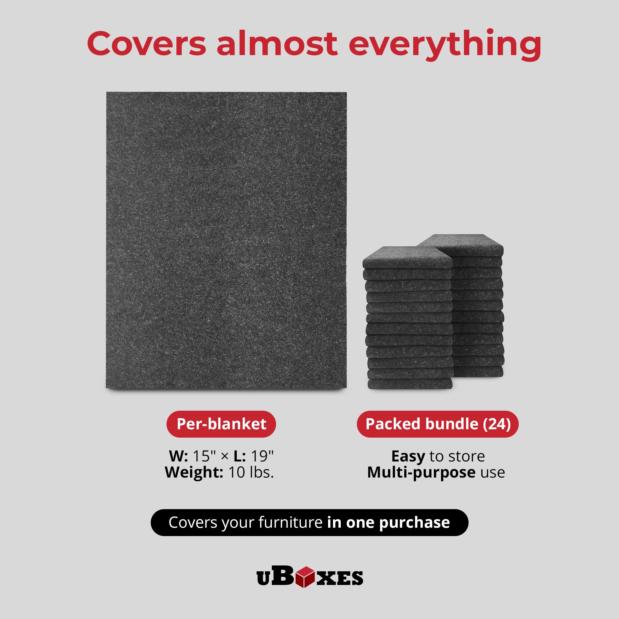 uBoxes 72 x 54 Inch Textile Cotton Fiber Packing Moving Blankets, Gray (24 Pack) - VMInnovations