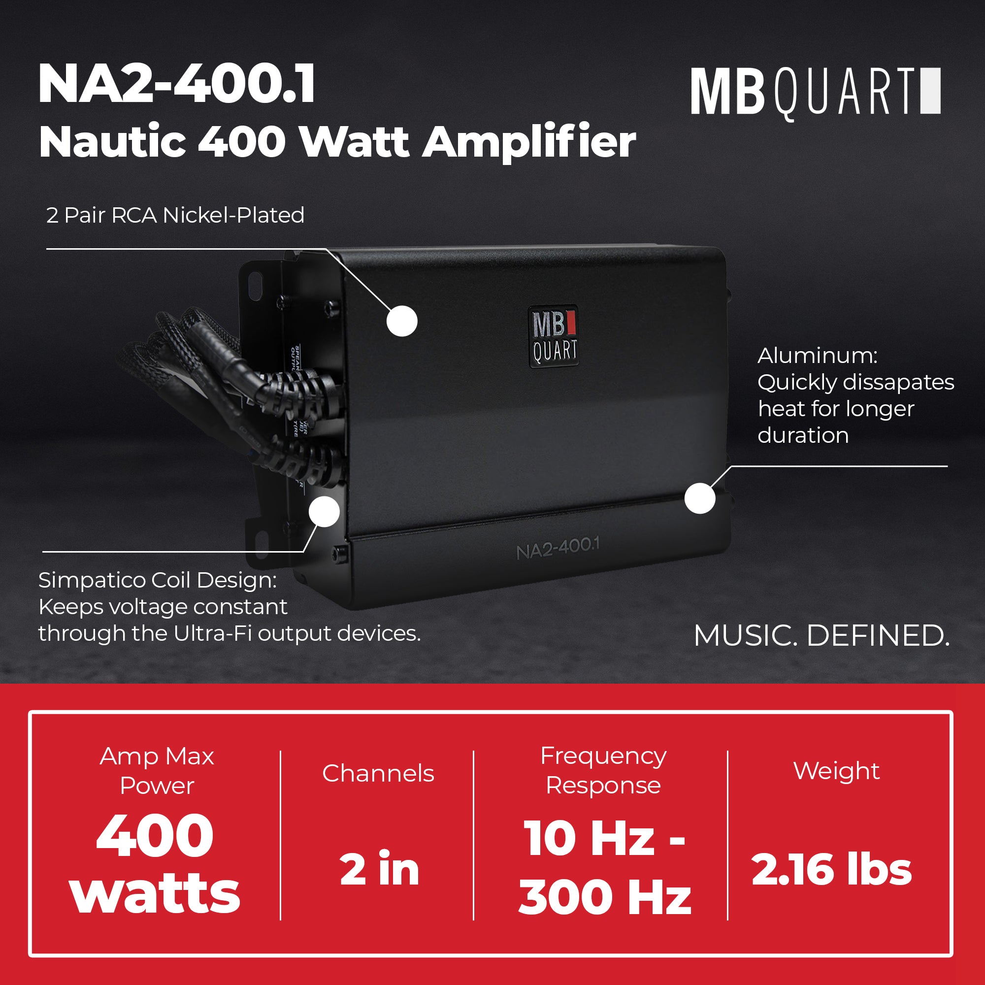MB Quart Marine Powersports Nautic 1 Channel 400 Watt Class D Amplifier, Black - VMInnovations