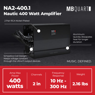 MB Quart Marine Powersports Nautic 1 Channel 400 Watt Class D Amplifier, Black - VMInnovations