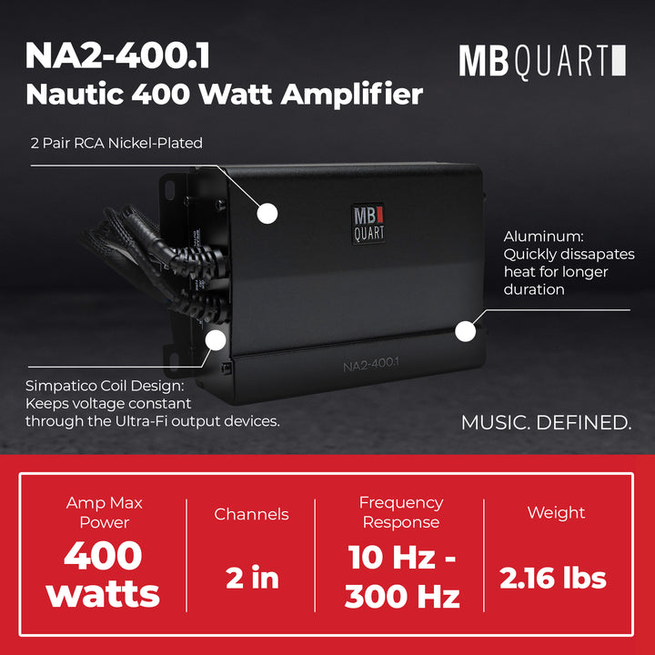MB Quart Marine Powersports Nautic 1 Channel 400 Watt Class D Amplifier, Black