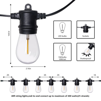 Banord LED 48 Foot 1 Watt String Lights, 16 Shatterproof Bulbs (Open Box)