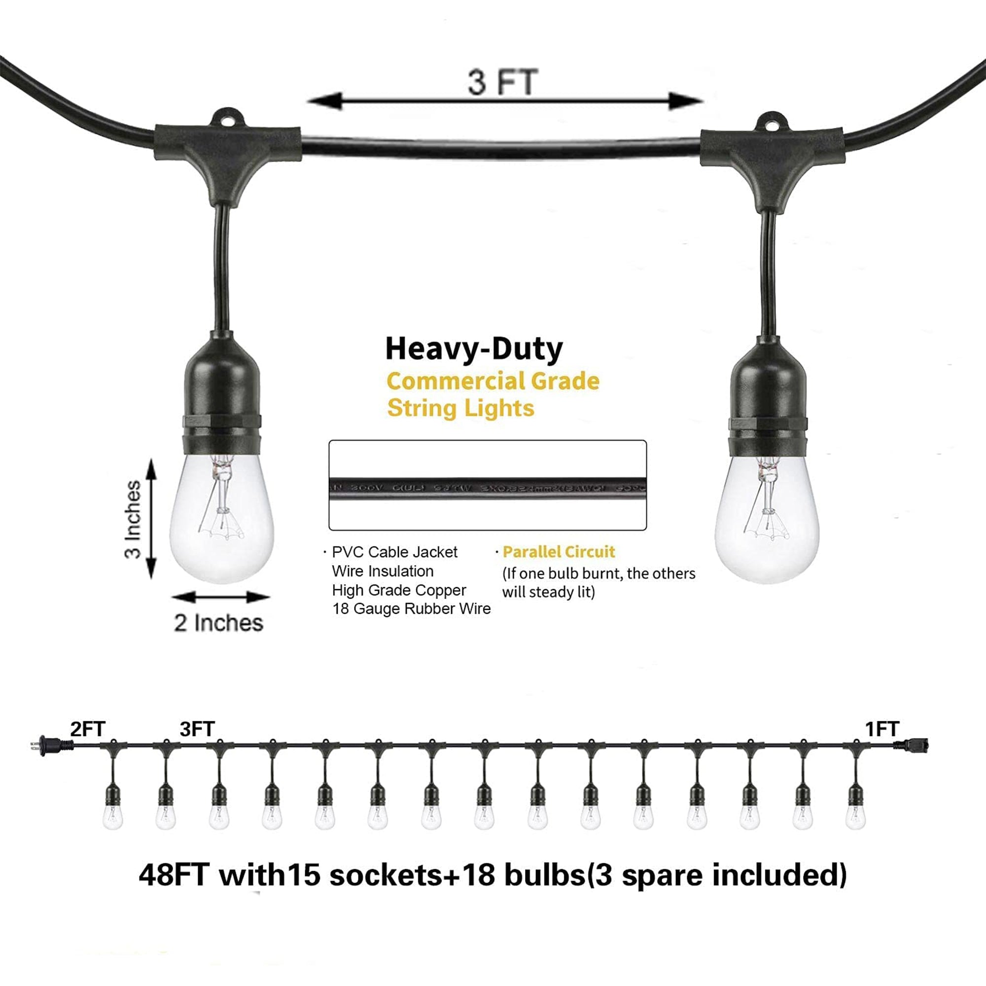 Banord Incandescent 48' Edison String Lights, 18 Dimmable Bulbs (Open Box) - VMInnovations