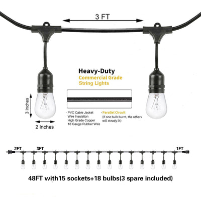 Banord Incandescent 48' Edison String Lights, 18 Dimmable Bulbs (Open Box) - VMInnovations