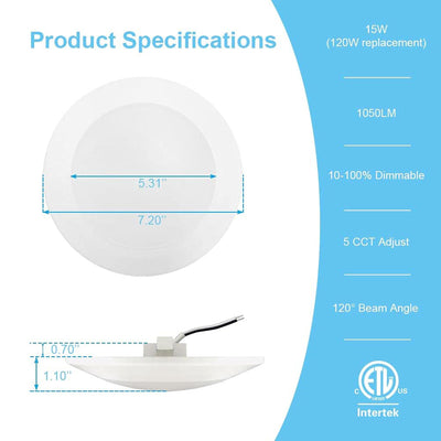5CCT Recessed Lighting, 6in Flush Mount Dimmable Ceiling Light (6 Pack) (Used) - VMInnovations