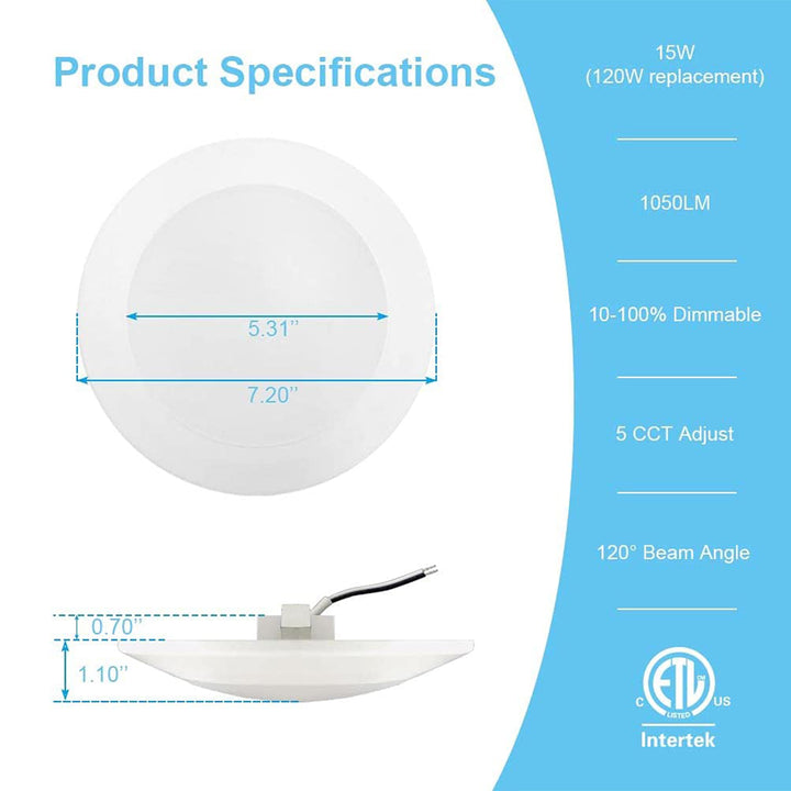 5CCT Recessed Lighting, 6in Flush Mount Dimmable Ceiling Light (6 Pack) (Used)