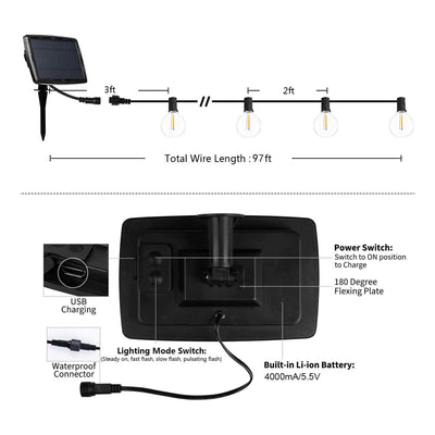 Banord LED 97 Foot Outdoor Solar String Lights, 43 Shatterproof Bulbs, (3 Pack)