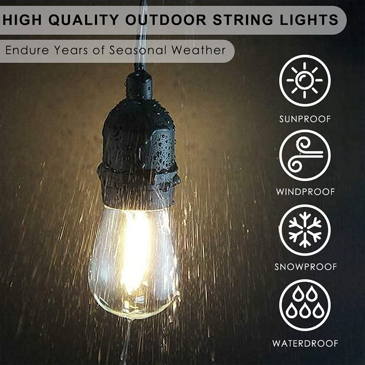 Banord LED 48 Foot String Lights, 16 Warm White Bulbs for Outdoor Use, 4 Pack