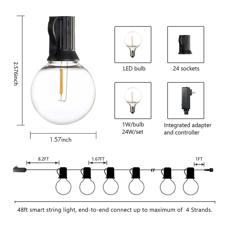 Banord LED 48 Foot 1W Outdoor Smart String Lights, 24 Shatterproof Bulbs, 3 Pack