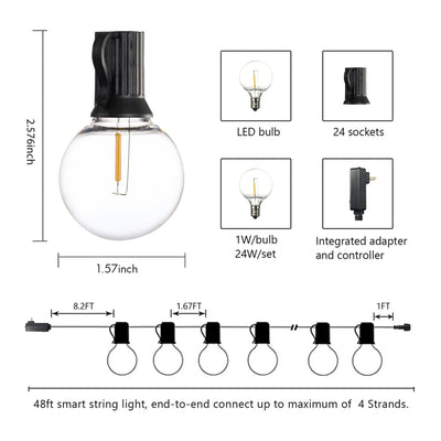 Banord LED 48 Foot 1W Smart String Lights, 24 Shatterproof Bulbs for Outdoor Use