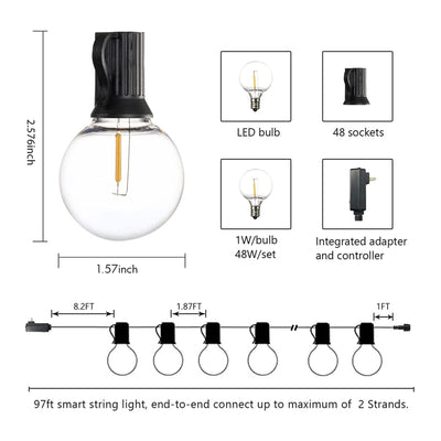 Banord LED 97 Ft 1W Smart String Lights, 48 Outdoor Shatterproof Bulbs (3 Pack)