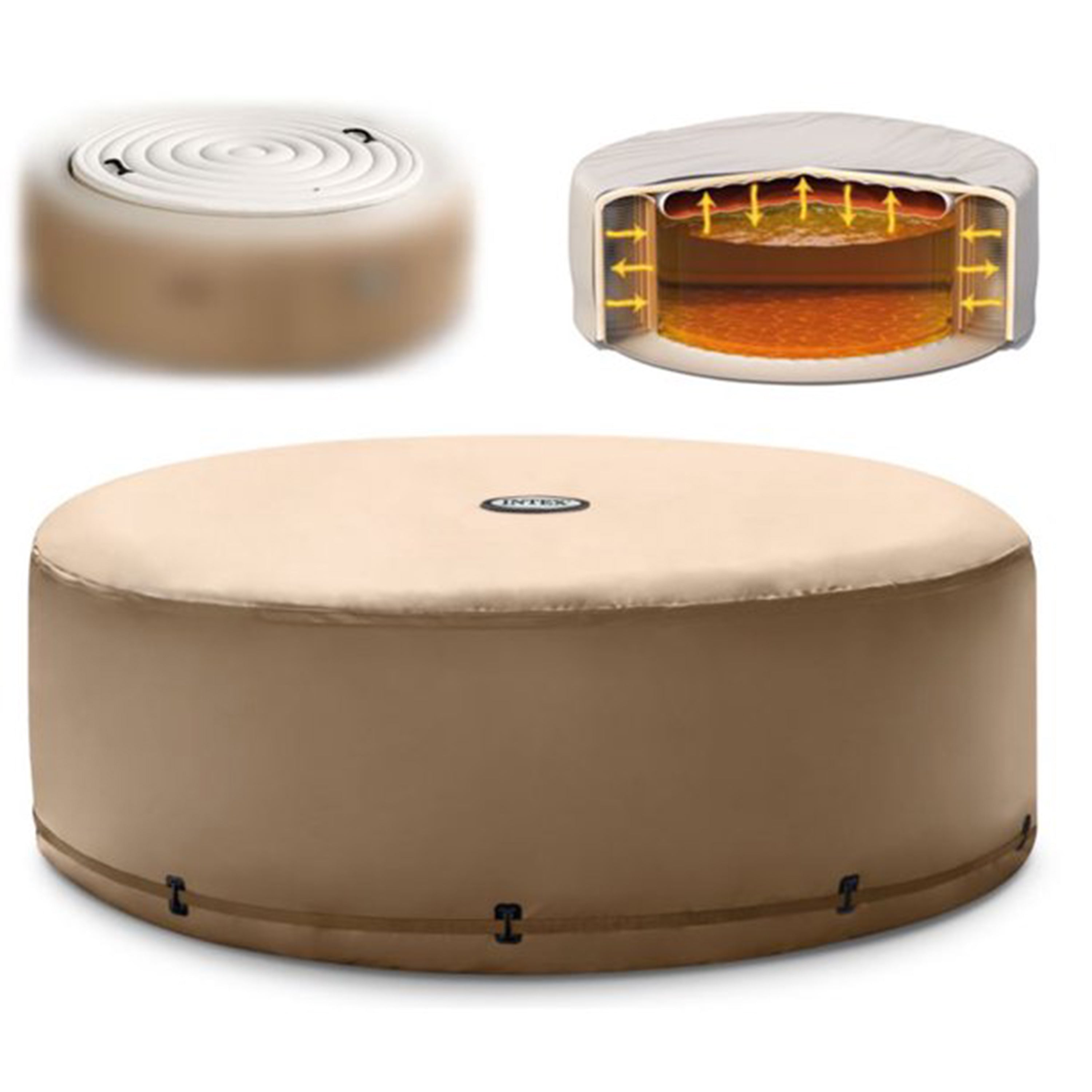 Intex 28439EP PureSpa Plus Greywood Inflatable Hot Tub Bubble Jet Spa, 77 x 28" + Intex 28523E Round PureSpa Energy Efficient Spa Hot Tub Replacement Cover, Tan - VMInnovations