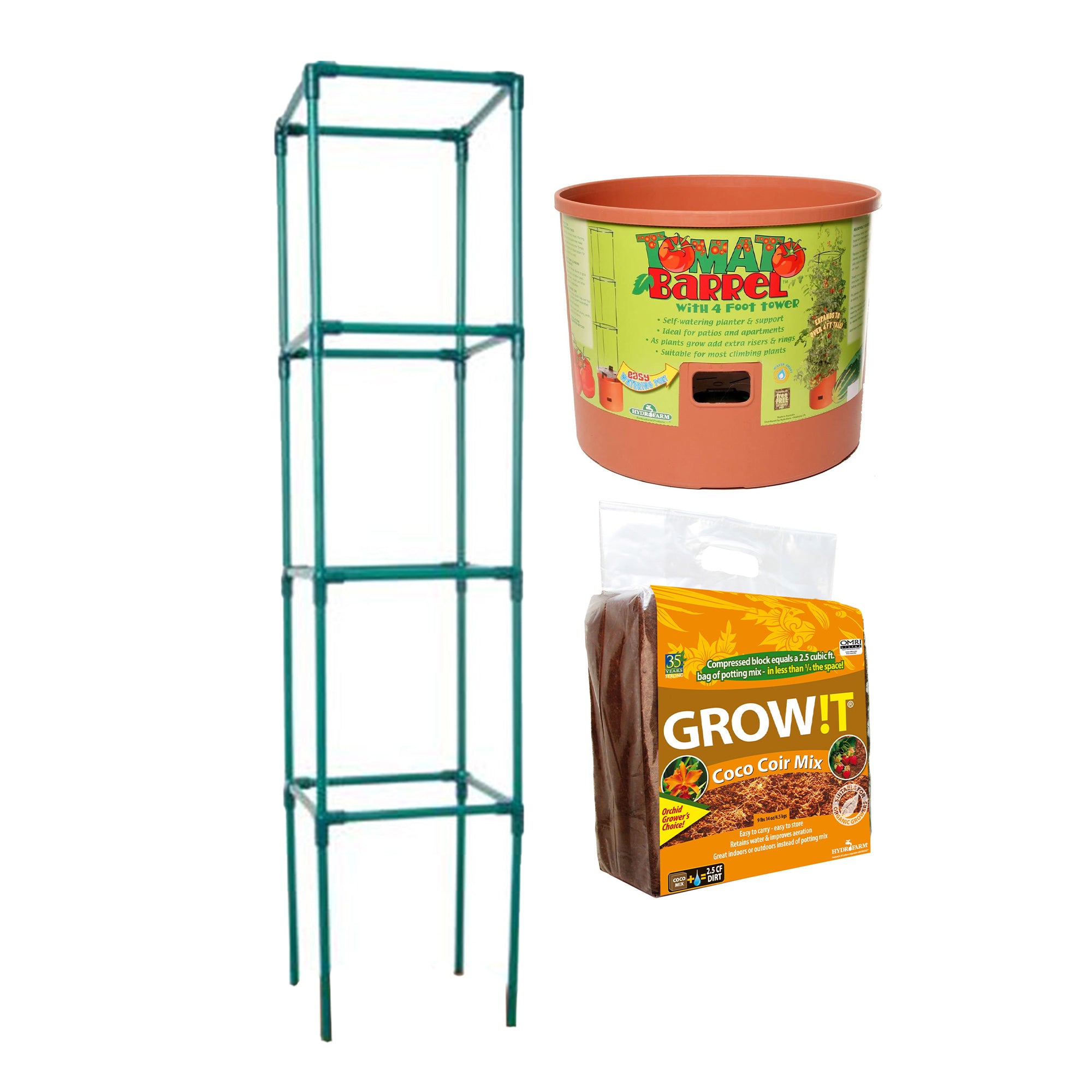 Hydrofarm Tomato Garden Pot w/4 Foot Trellis Tower & GROW!T Coco Coir Mix Block - VMInnovations