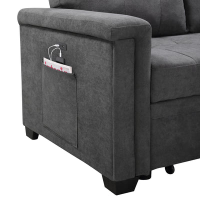 Lilola House Ashlyn Woven Fabric Sleeper Sectional Sofa Chaise, USB Plug, Gray
