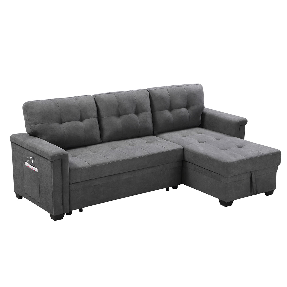 Lilola Home Ashlyn Contemporary Upholstered Sectional Sofa Chaise Sleeper, Gray