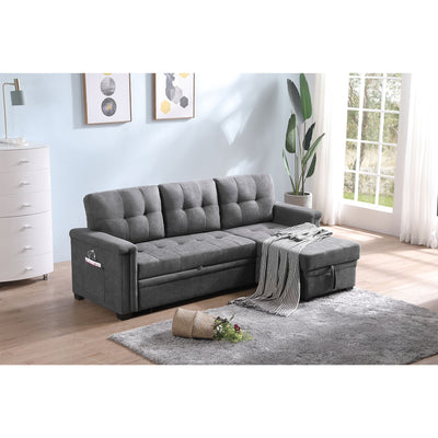 Lilola House Ashlyn Fabric Sleeper Sectional Sofa Chaise w/ 2 USB Plugs, Gray (Used)