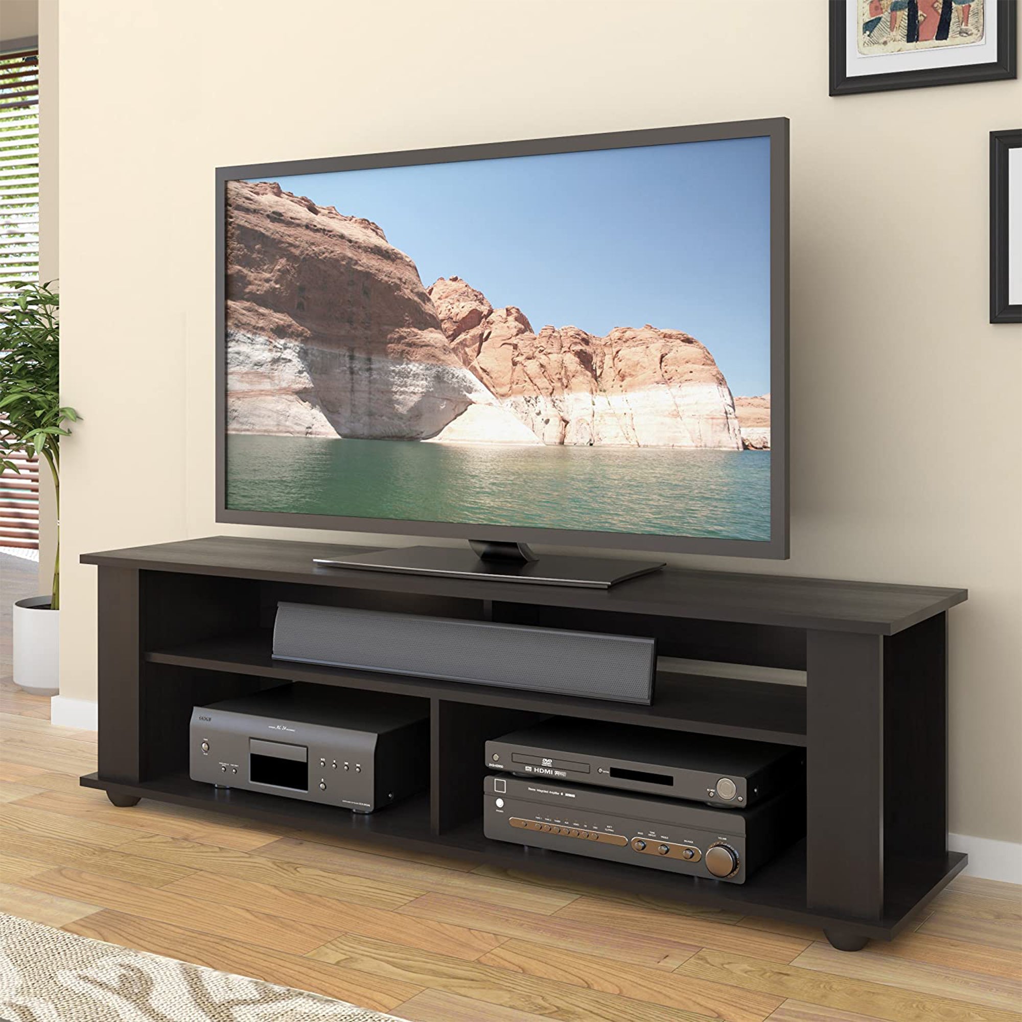 CorLiving 58 Inch Bakersfield Wooden TV Stand for TVs Up to 75 Inches, Black