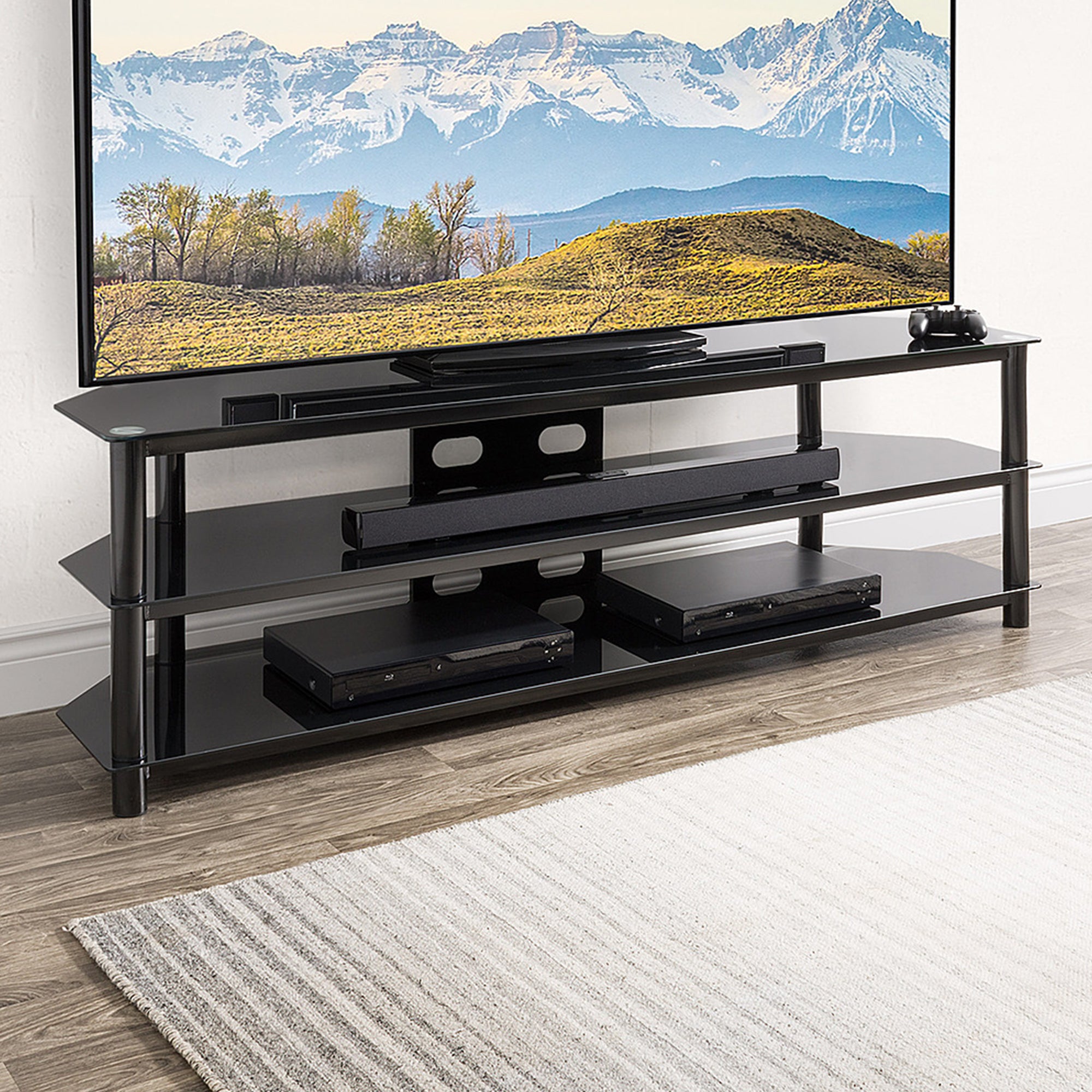 CorLiving Travers 3 Tier Safety Glass TV Bench for TVs Up to 85 Inches, Black