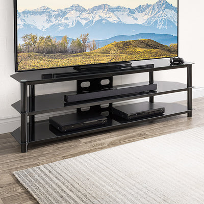 CorLiving Travers 3 Tier Safety Glass TV Bench for TVs Up to 85 Inches, Black