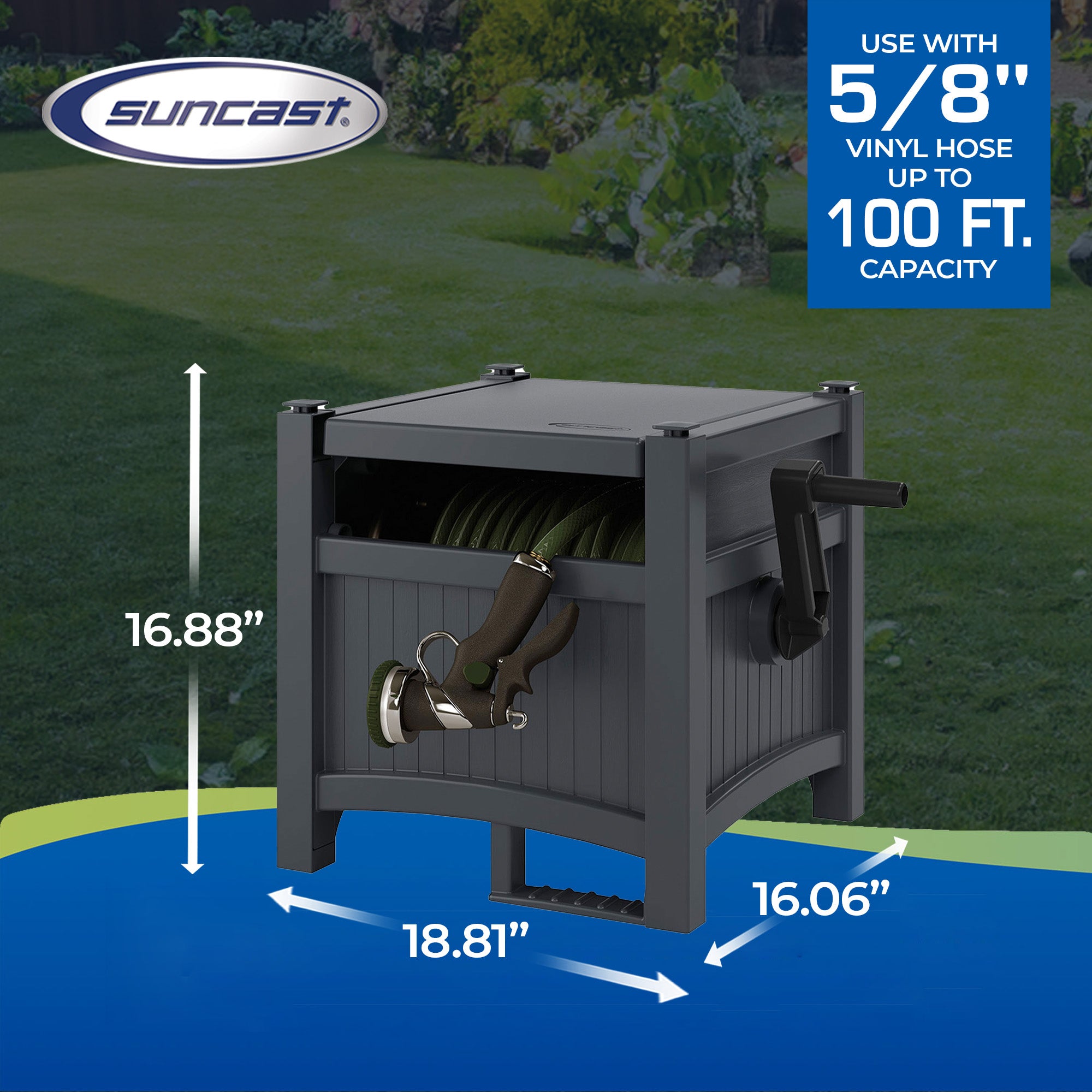 Suncast 100' Resin Garden Hose Reel & Hideaway Outdoor 33 Gal Garbage Bin, Grey
