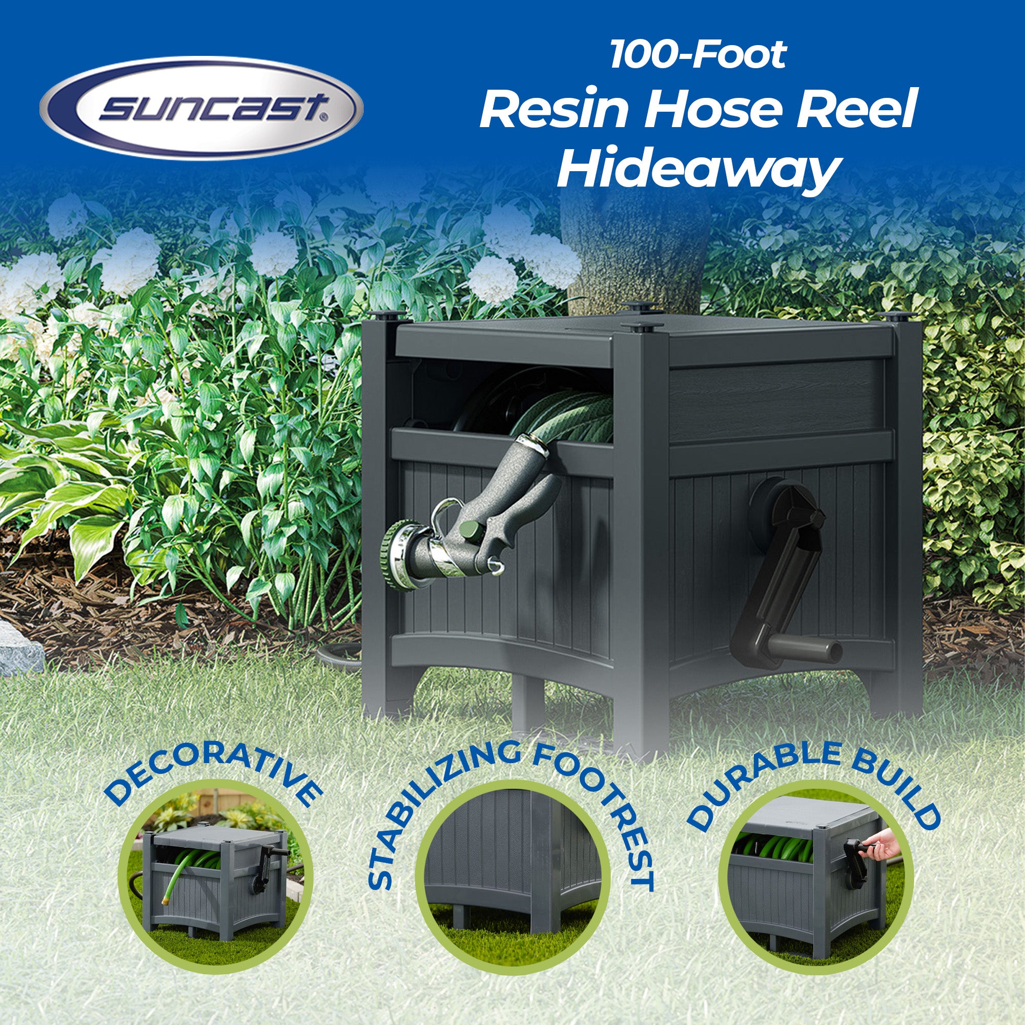 Suncast 100' Resin Garden Hose Reel & Hideaway Outdoor 33 Gal Garbage Bin, Grey
