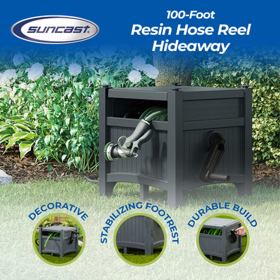 Suncast 100' Resin Garden Hose Reel & Hideaway Outdoor 33 Gal Garbage Bin, Grey