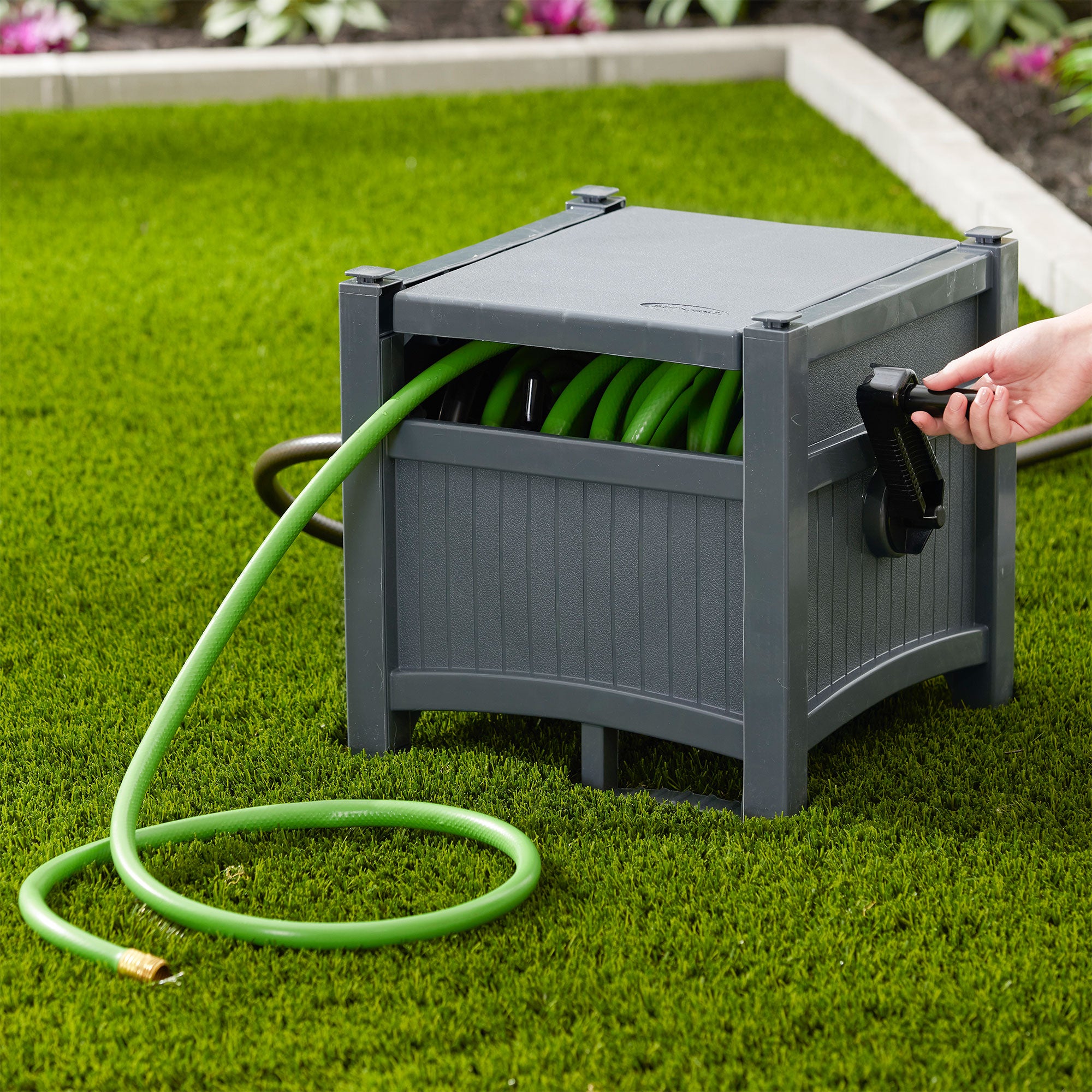 Suncast 100' Resin Garden Hose Reel & Hideaway Outdoor 33 Gal Garbage Bin, Grey