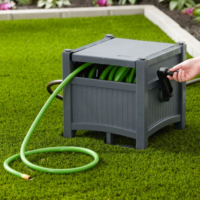Suncast 100' Resin Garden Hose Reel & Hideaway Outdoor 33 Gal Garbage Bin, Grey