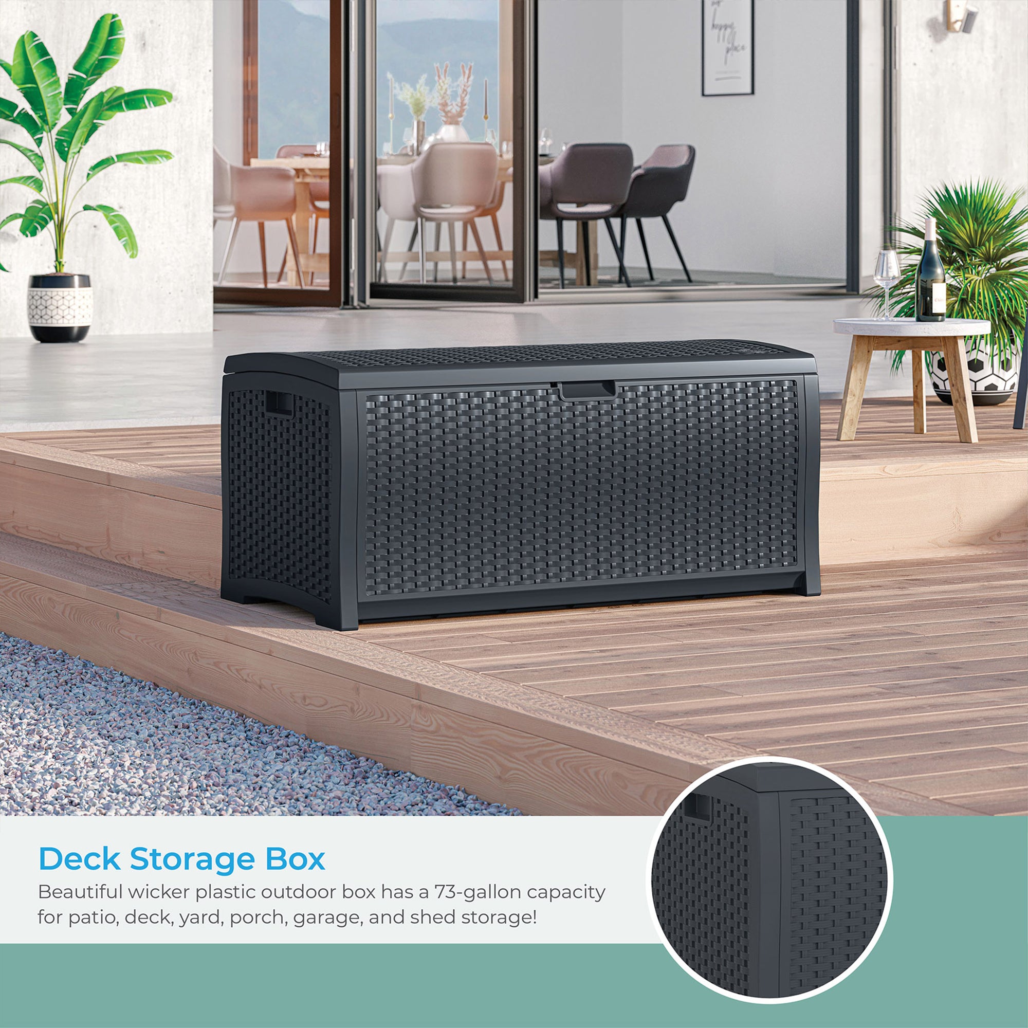 Suncast 73 Gallon Resin Wicker Outdoor Patio Storage Deck Box, Cyberspace - VMInnovations