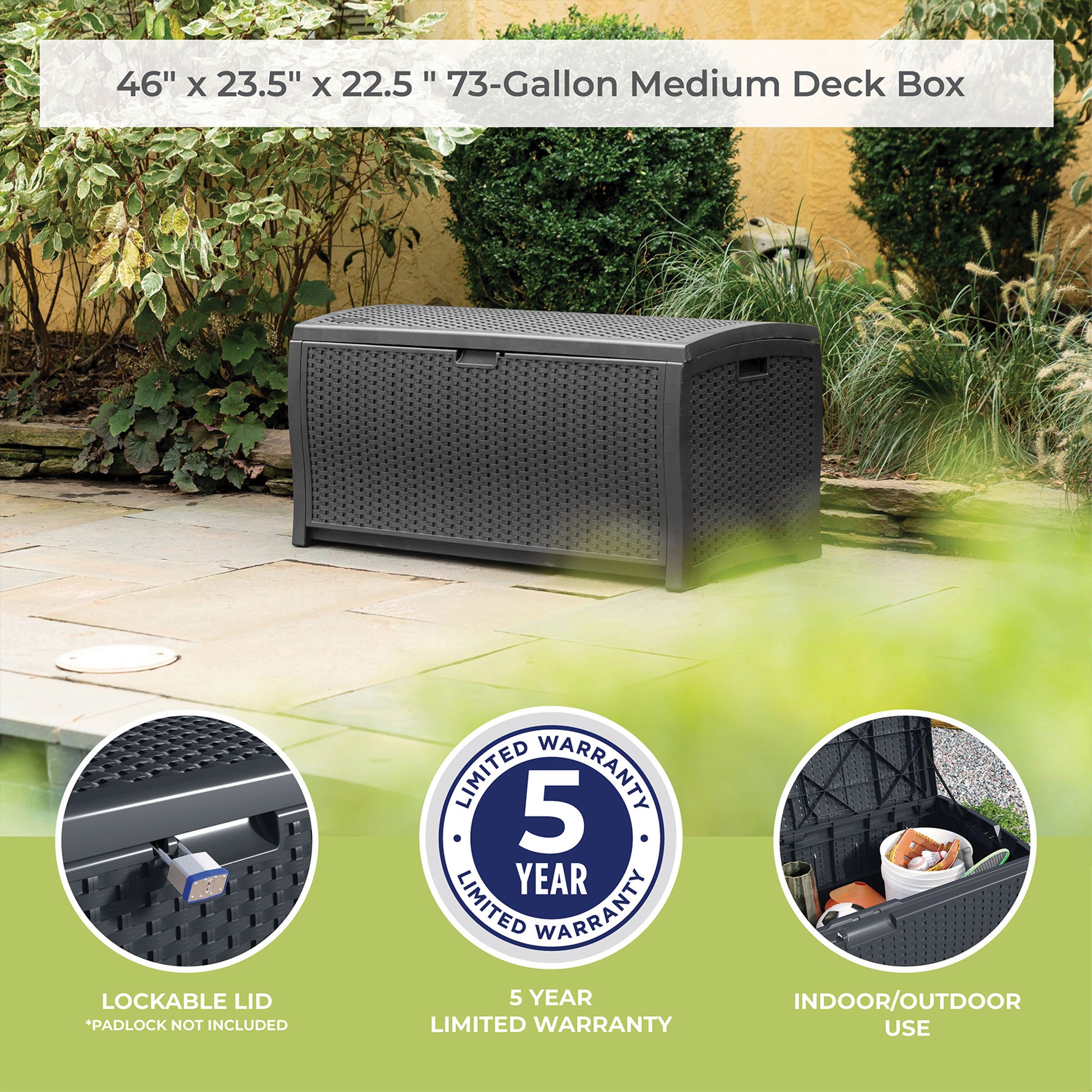 Suncast 73 Gallon Resin Wicker Outdoor Patio Storage Deck Box, Cyberspace - VMInnovations