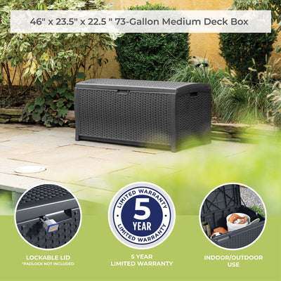 Suncast 73 Gallon Resin Wicker Outdoor Patio Storage Deck Box, Cyberspace - VMInnovations