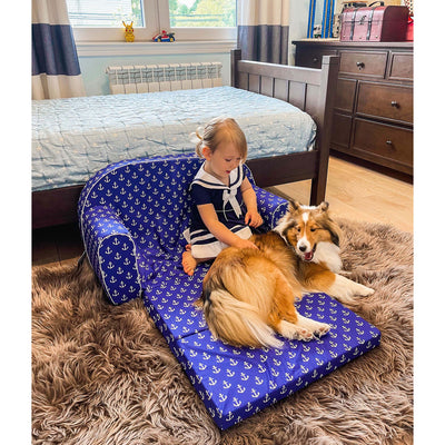 Delsit Toddler Couch and Kids 2 in 1 Flip Open Foam Double Sofa, Navy Anchors