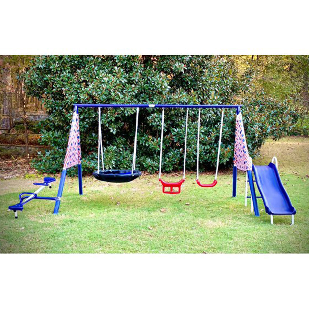 XDP Recreation Freedom Fun Play Swing Set w/See Saw, Super Disc, Swings, & Slide