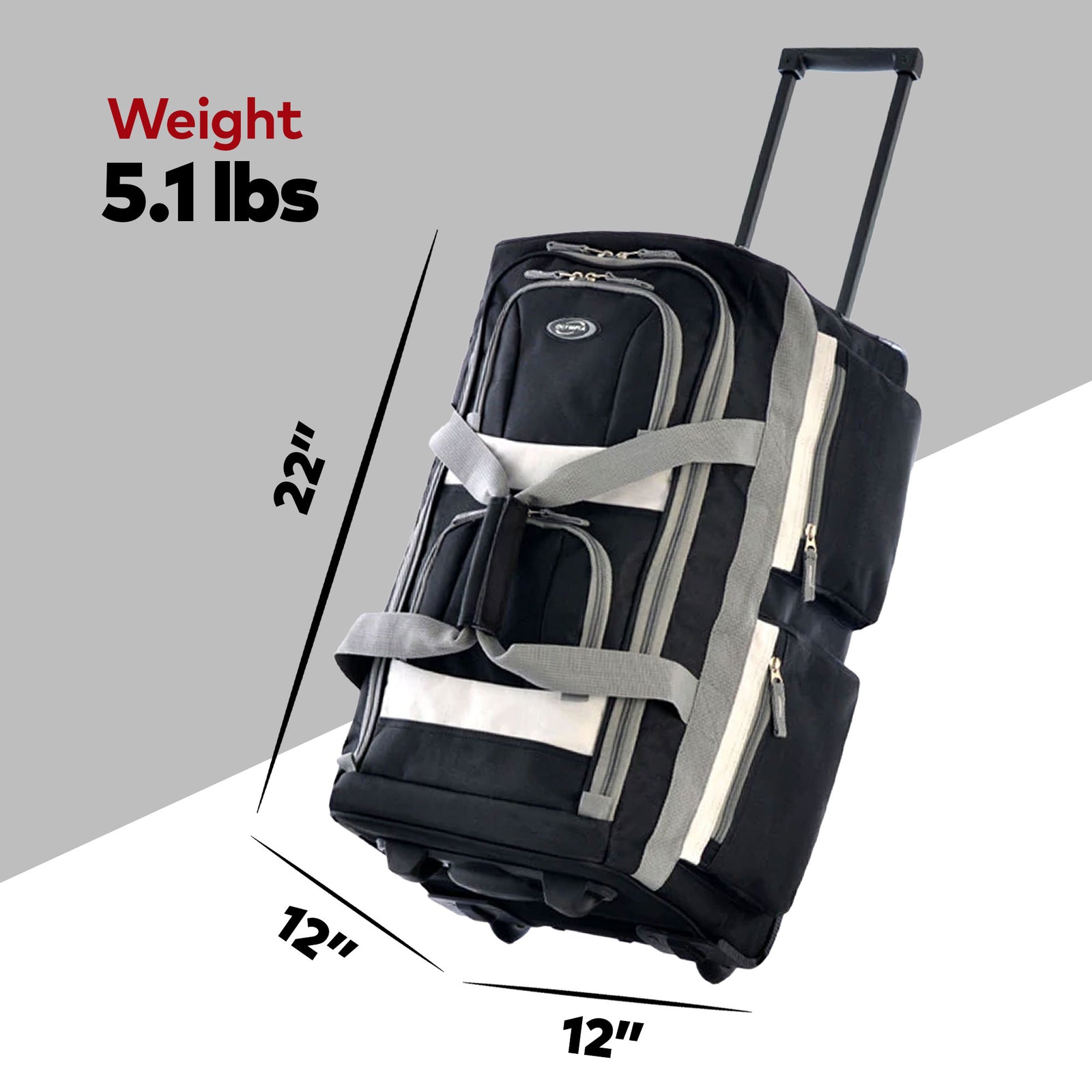 Olympia 22 In 8 Pocket U Shape Rolling Duffel Bag with Retractable Handle, Black - VMInnovations