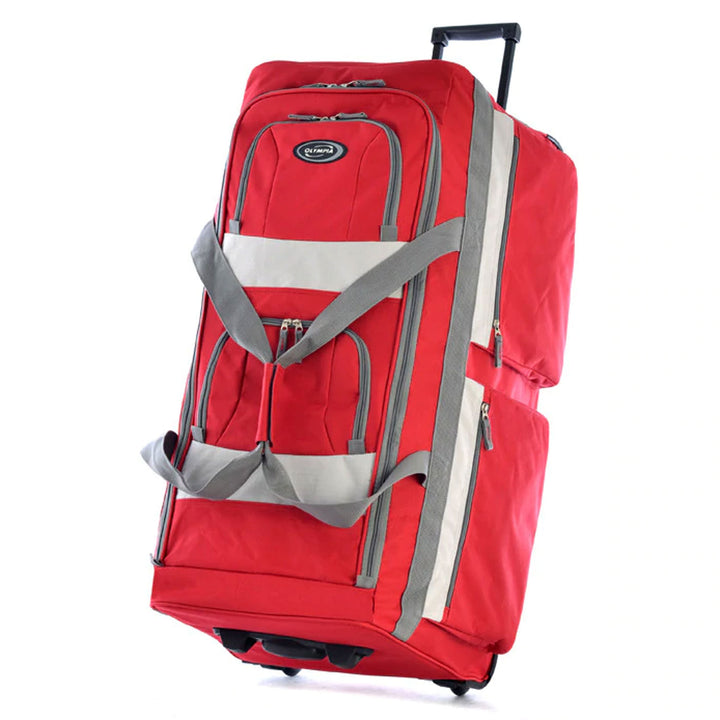 Olympia 26 Inch 8 Pocket U Shape Rolling Duffel Bag with Retractable Handle, Red