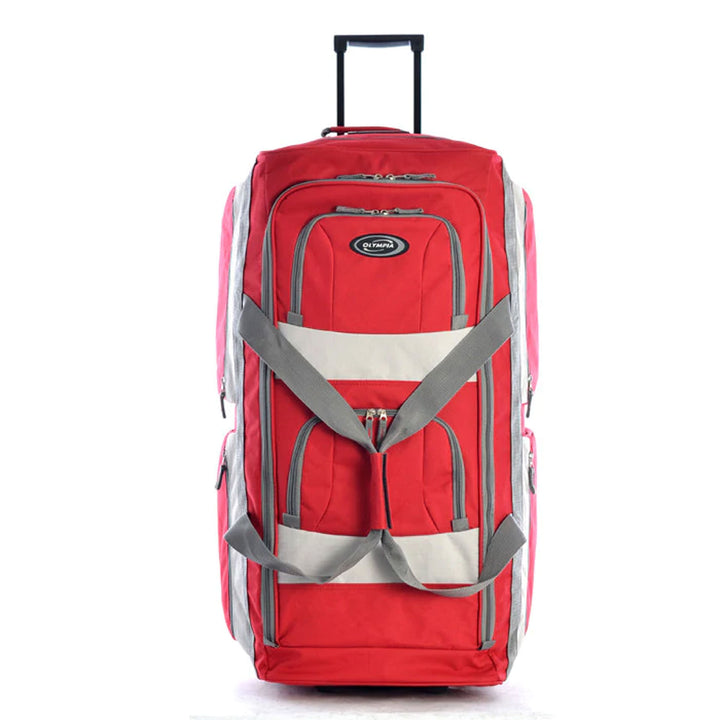 Olympia 26 Inch 8 Pocket U Shape Rolling Duffel Bag with Retractable Handle, Red